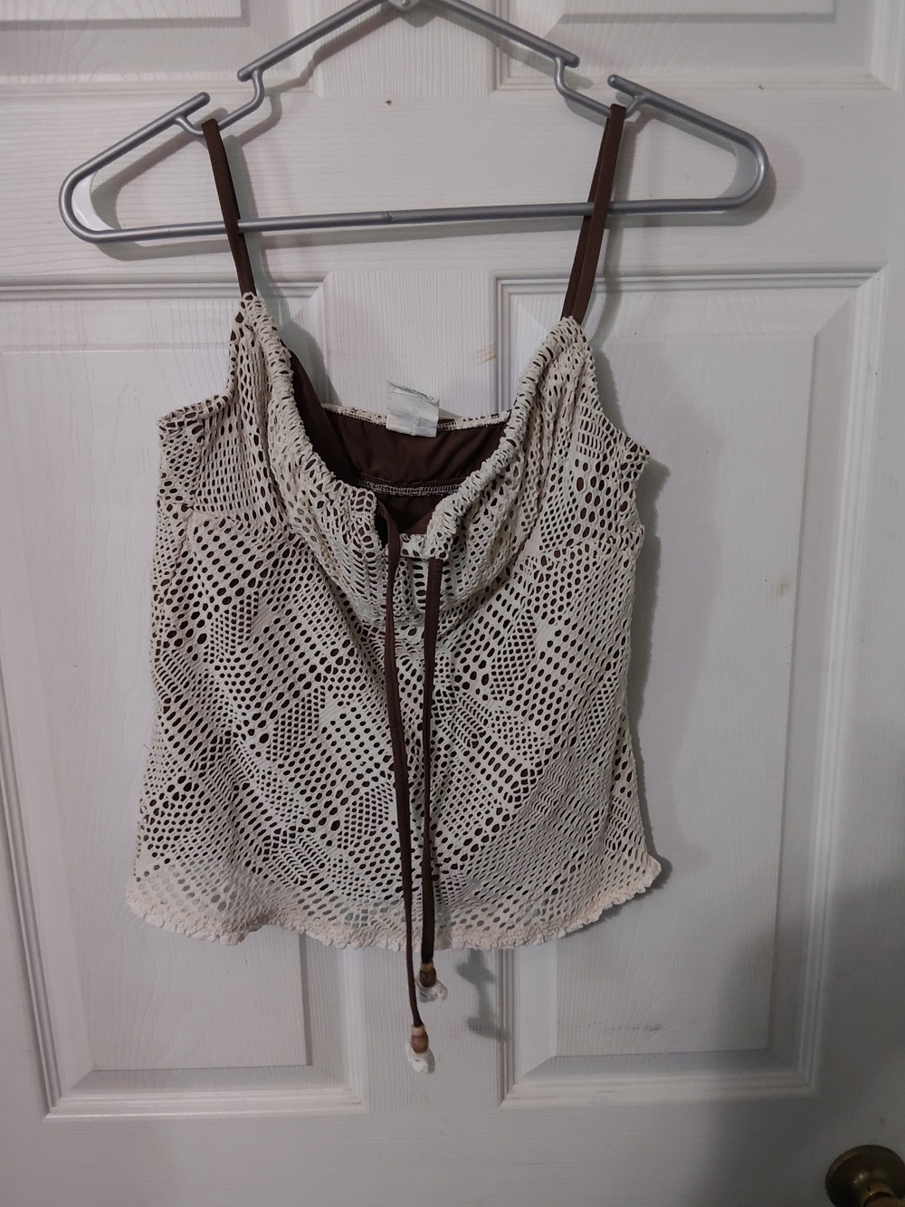 Lucky Brand Cream Crochet Overlay Spaghetti Strap Tank with Brown Lining